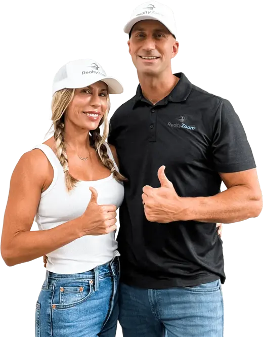 Get-your-fair-cash-offer-today BlueSky Home Offer owners giving a thumbs up, signaling a successful home sale and approved cash offer.