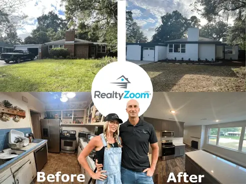 Sell-local-experts Before and after collage showing a brick house and dated kitchen transformed into a modern home by the BlueSky Home Offer team.